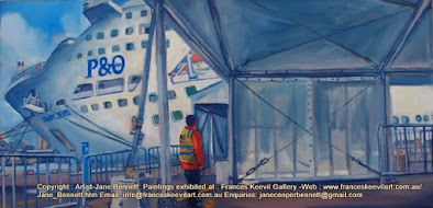 plein air oil painting of 'Pacific Jewel ' at temporary cruise ship facility Barangaroo by Artist Jane Bennett